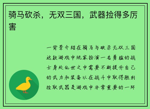 骑马砍杀，无双三国，武器捡得多厉害